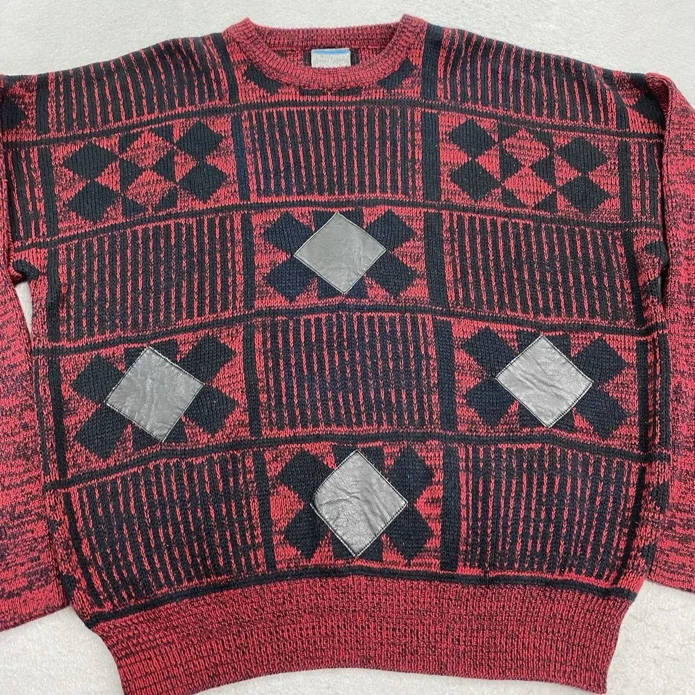 Vintage Playboy Sweater Mens 2X Red Black Pullover Crew Neck Leather Trim - Picture 2 of 9